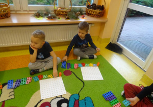 Dwóch chłopców siedzi na dywanie przed płytką i z ułożonymi klockami w szeregu według wzrastającej wartości.